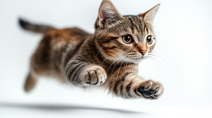 Adorable tabby kitten in mid-air, leaping playfully against a white background.