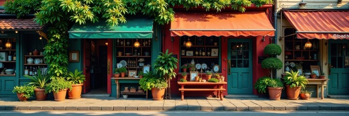 Quaint storefronts, weathered wood, lush greenery, rustic, shadow, vacation