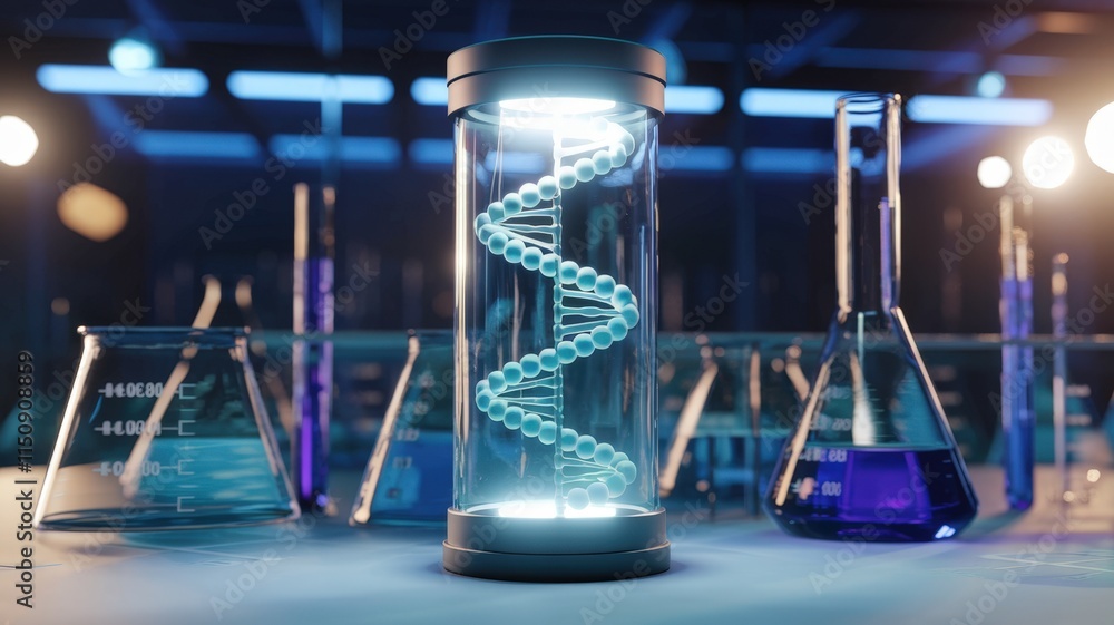 Poster illuminated dna helix in a laboratory setting with glassware