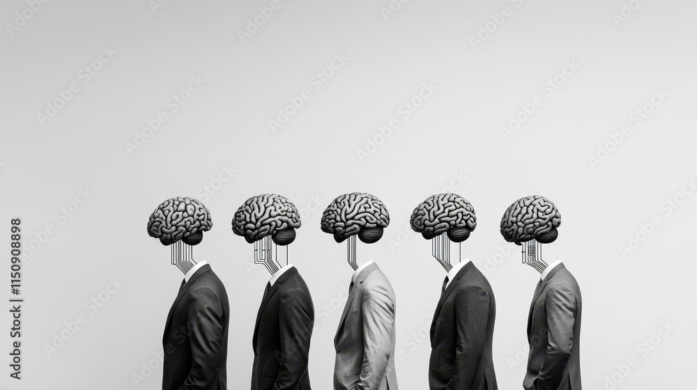 Poster abstract representation of human evolution with business figures having robotic elements and brain d