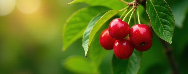 Obraz premium Luscious red cherries cluster on vibrant green branch , ripe, vibrant, leaves