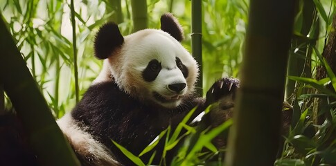 A playful panda amidst tall bamboo stalks in a peaceful natural setting.