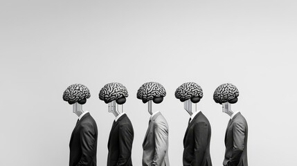 Abstract Representation of Human Evolution with Business Figures Having Robotic Elements and Brain Designs Signifying the Fusion of Technology and Humanity in Modern Society