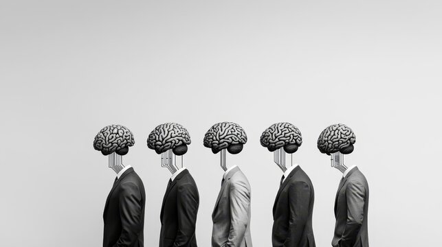 Abstract Representation of Human Evolution with Business Figures Having Robotic Elements and Brain Designs Signifying the Fusion of Technology and Humanity in Modern Society