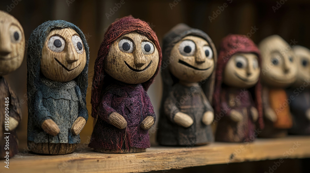 Aufkleber handcrafted wooden puppets displayed in a row with distinct features and characters