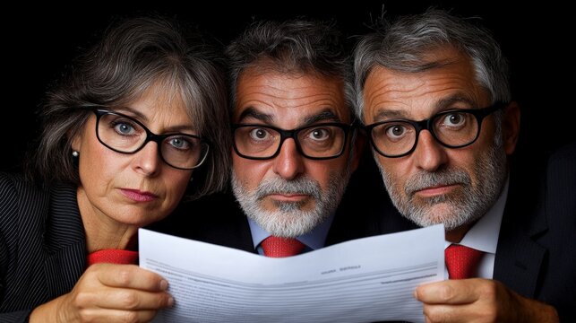 The Verdict is In:  Three seasoned professionals, a woman and two men, study a document with intense concentration.  Their expressions convey a mix of anticipation, concern.