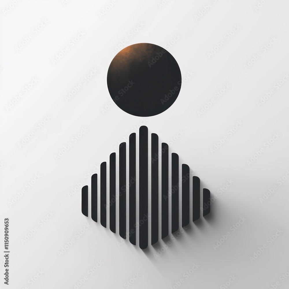 Poster abstract figure with black circle and vertical lines on light background.