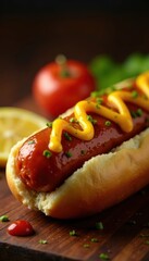 Juicy grilled hot dog, vibrant mustard, and ketchup , delicious, high-res, relish