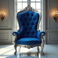 Deep blue tufted throne, silver detailing, grand hall setting , decor, fabric, furniture