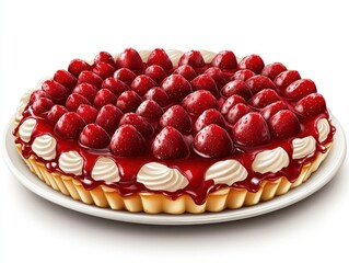 A delicious strawberry tart with whipped cream and a glossy glaze, perfect for dessert.