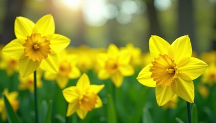 Fototapeta premium Field of bright yellow daffodil flowers swaying gently in the breeze, sunshine field, nature, spring