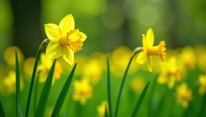 Obraz premium Yellow daffodil blooms in a lush green field with other flowers , blooming, nature, spring
