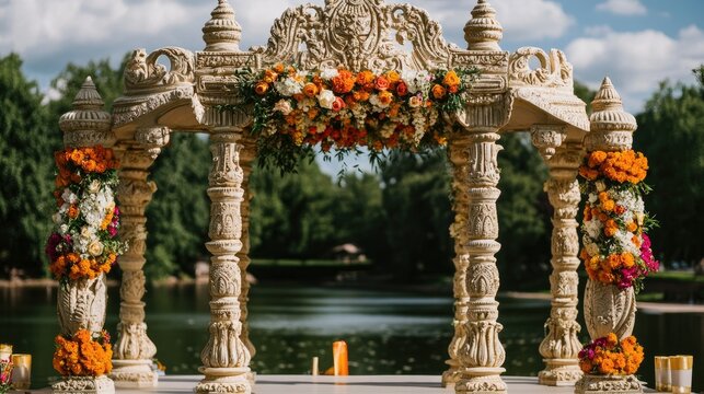 Ornate wedding mandap decorated with vibrant flowers, overlooking a serene lake.