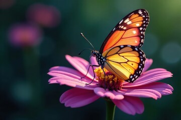 Obraz premium Iridescent butterfly on a colorful flower, with delicate wings, delicate petals, beautiful insect, iridescent wings