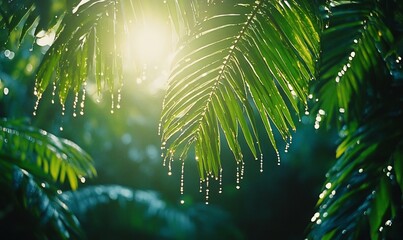 Sunlight through wet rainforest leaves.