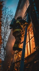 Fototapeta premium A firefighter climbs a ladder to rescue a person from a burning building