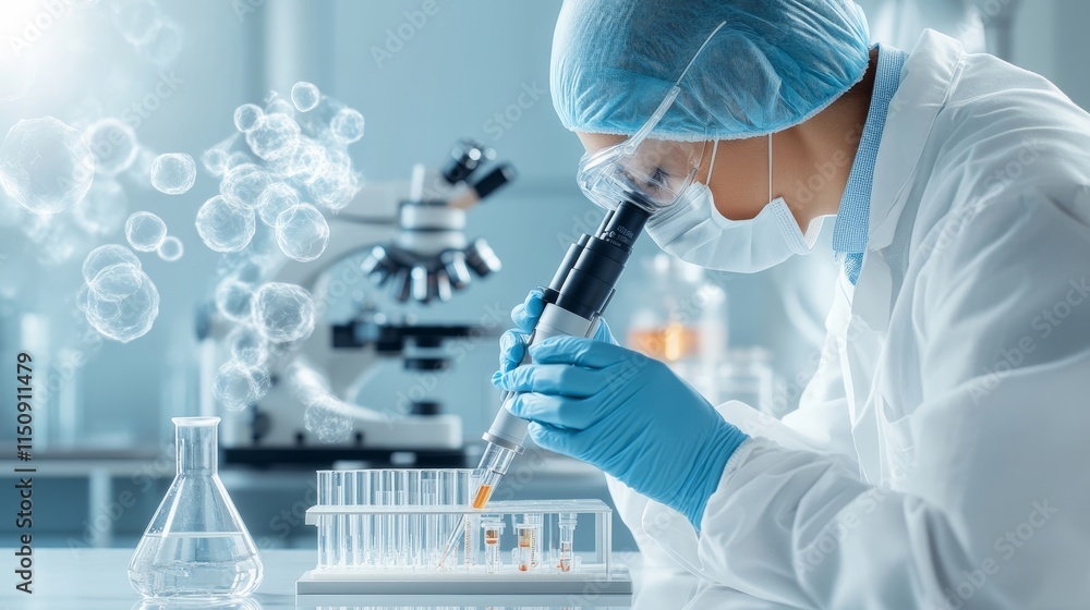 Aufkleber research scientist in laboratory conducting experiment with micropipette and test tubes under a micr