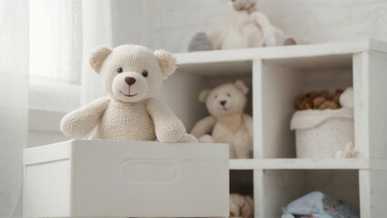 Cozy White Teddy Bear on a Shelf with Knitted Material, Soft Features, and Toys in a Blurred Room Setting