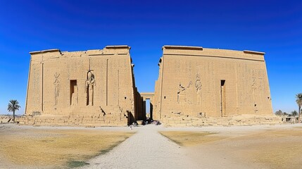 Panoramic view of ancient sandstone temple ruins under clear blue sky.