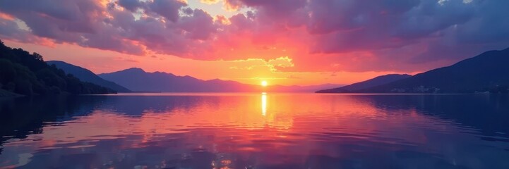 Obraz premium Background with shades of sunset spectrum across a serene lake at dusk, natural light, background, atmosphere