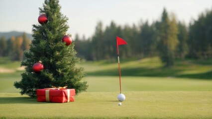 Obraz premium Golf course landscape with Christmas tree, decorated with red and gold ornaments, red flagpole with golf ball, scenic background.