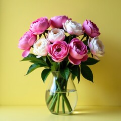 Fototapeta premium Pink peonies and roses in a vase, isolated background, peonies, cut flowers, roses