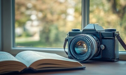 Vintage camera and open book by window.