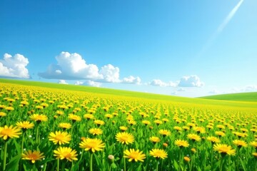 Fototapeta premium A sea of bright yellow dandelions covers the lush green grass under a brilliant blue sky with a few wispy clouds, flowers, dandelions, wildflowers