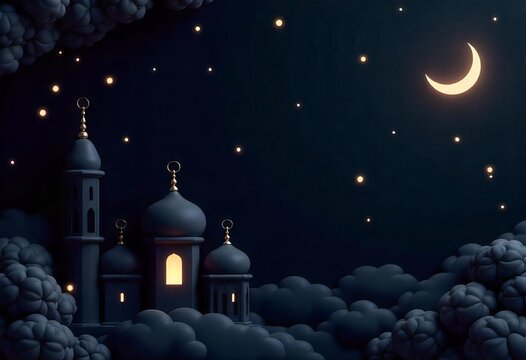 Islamic night decoration background with mosque, crescent moon, leaves, cloud cartoon style, Ramadan Kareem, iftar, Isra Miraj, eid al Fitr Adha, Muharram with copy space for text