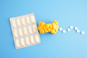 Thyroid model with pill drug treatment, Hyperthyroidism, Overactive or Lymphoma.