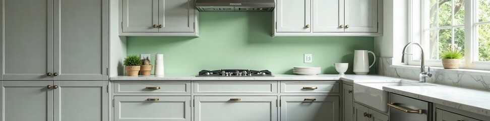 Soft gray shaker cabinets, sage green backsplash, marble countertops, style, modern kitchen, fresh