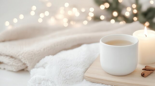 Winter wellness tips and self-care ideas with a cozy spa setup, featuring candles, fluffy towels, a book, and herbal tea on a wooden tray by the window