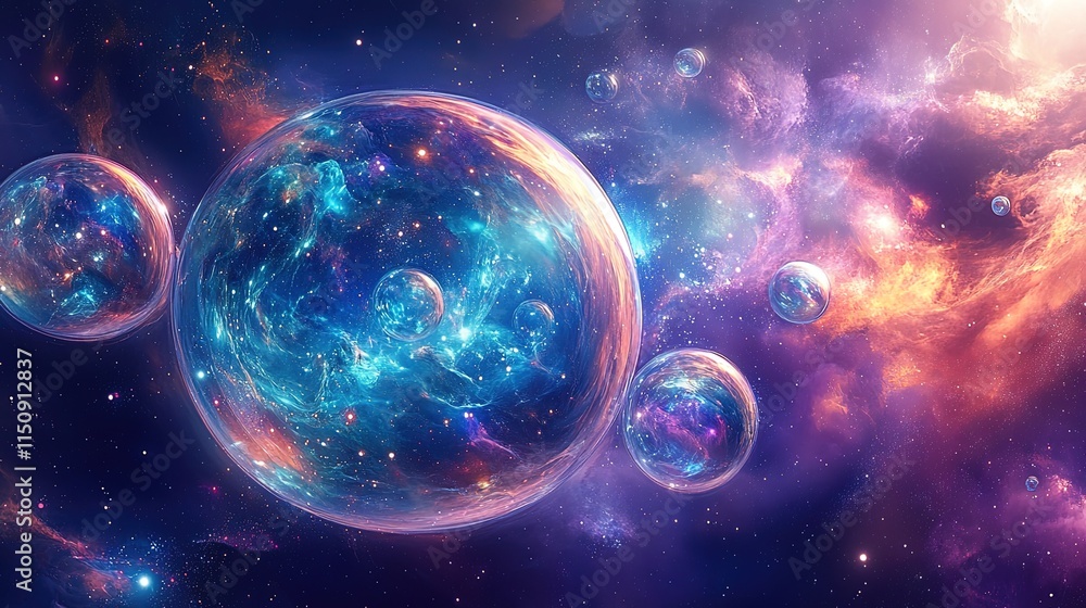 Poster cosmic bubbles encapsulate celestial nebulae within a starry expanse