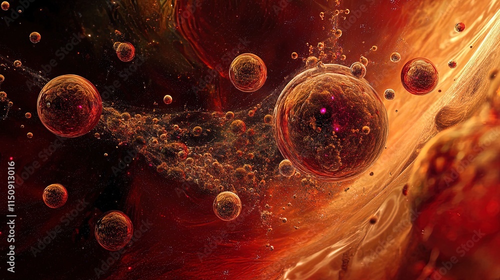 Poster abstract cosmic spheres floating in a red nebula