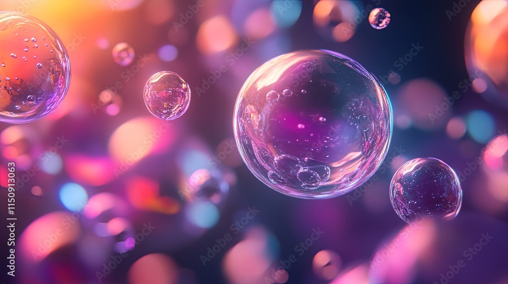 Poster vibrant iridescent bubbles float in a colorful background