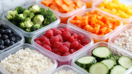 Meal prepping for a healthy New Year showcased in a vibrant display of neatly arranged food containers brimming with fresh veggies, lean proteins, and whole grains.