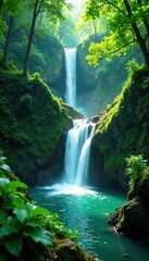 Fototapeta premium Emerald cascade plunges through vibrant green canopy , scene, image, background