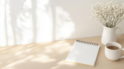 January calendar with motivational quotes and clean minimalist design, placed on a wooden desk with a cup of tea and soft morning light streaming in