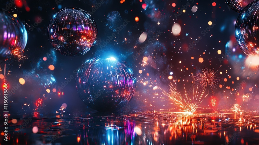 Poster reflective spheres illuminated by fireworks display
