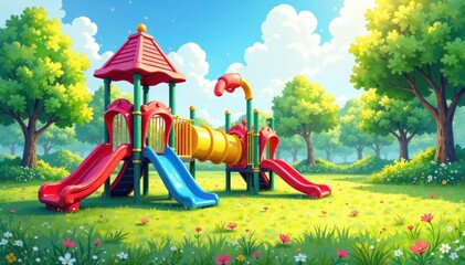 Vibrant playground, watercolor wash, sunny day, happy, carefree, outdoor