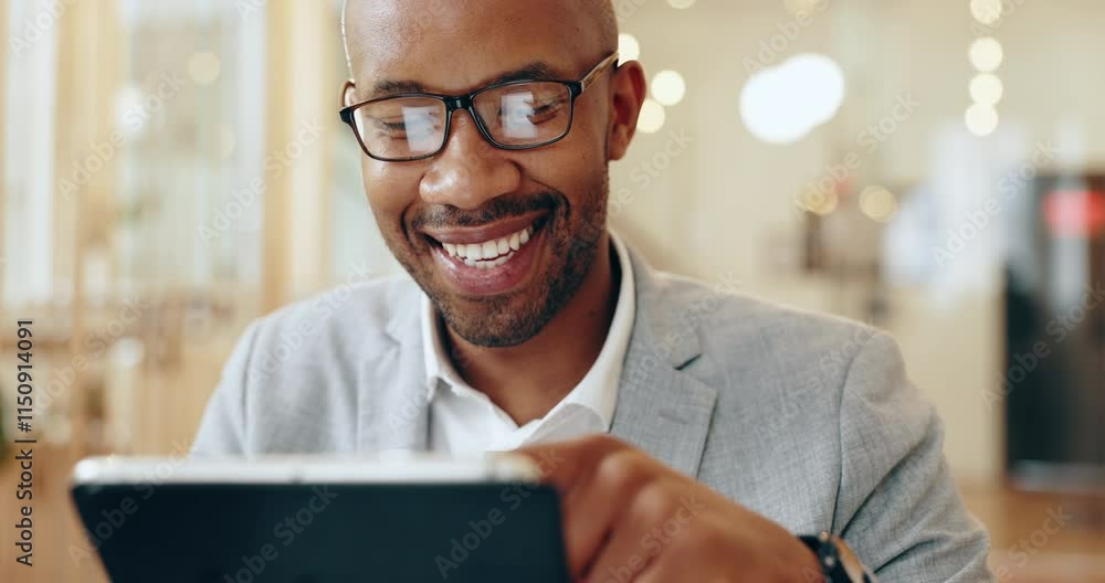 Poster App development, smile and tablet with business black man in office for web design management or quality control. Function, social media and software with agency employee at work for virtual launch