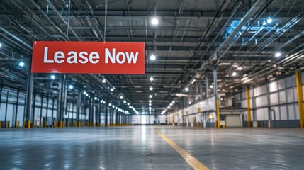 Large empty warehouse with "Lease Now" sign.