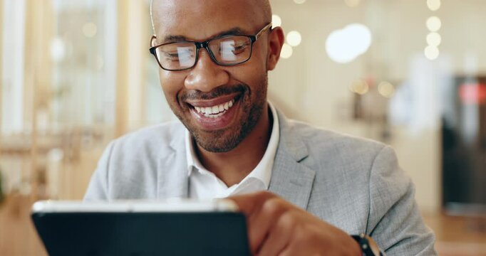 App development, smile and tablet with business black man in office for web design management or quality control. Function, social media and software with agency employee at work for virtual launch