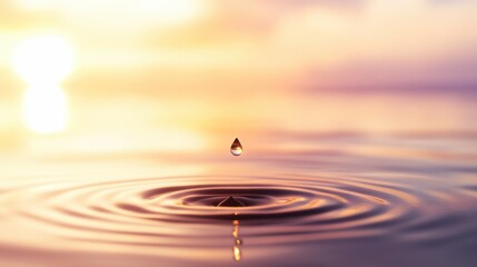 A serene image of a water droplet gracefully falling into calm water, creating ripples under a soft sunset hue.
