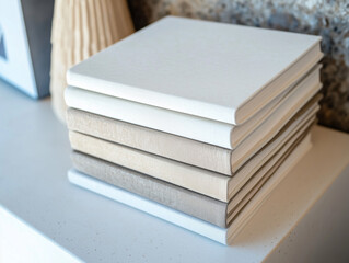 Stack of closed books in neutral tones, placed on textured surfaces, showcasing a minimalistic and...