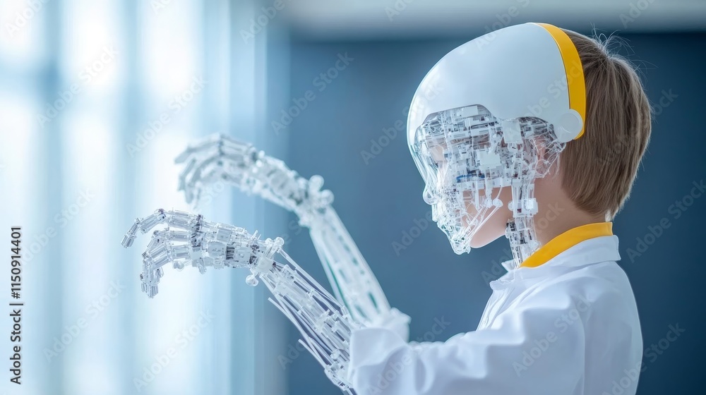 Poster young boy interacts with futuristic robotic hands in a modern technology environment, showcasing inn