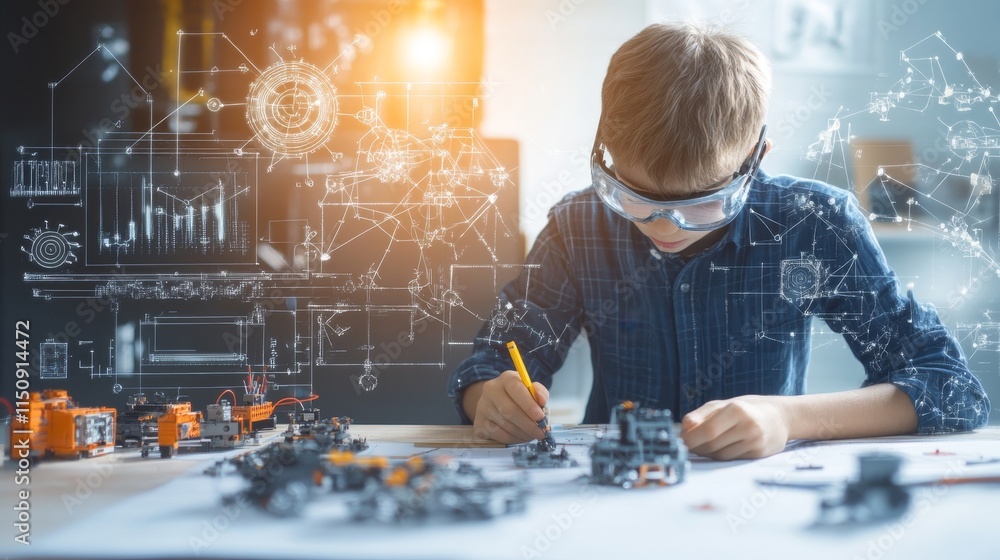 Aufkleber young engineer engaged in robotics project with technical diagrams and building blocks in modern wor