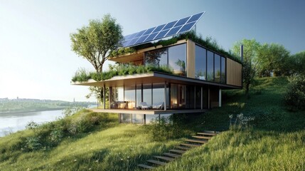 Fototapeta premium Eco-Friendly Modern House Design by the River: Sustainable Living on a Hillside