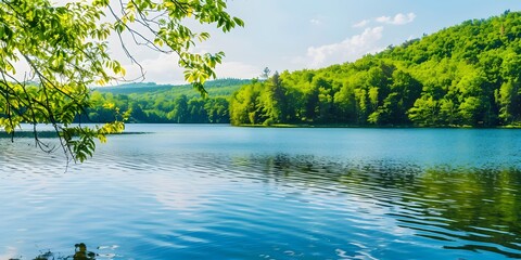 Close-up of a peaceful lake with vibrant lush forests in the background, showcasing the harmony of nature.