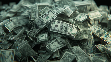 A Mountain of US Dollars: A dramatic close-up of a large pile of US hundred-dollar bills, suggesting wealth, prosperity, and financial success. The image evokes feelings of abundance and achievement.